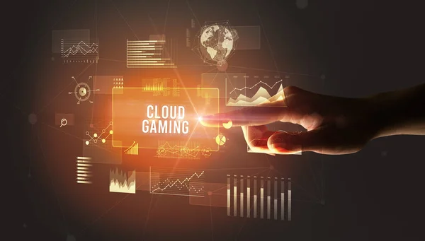 Hand Aanraken Cloud Gaming Inscriptie Nieuwe Business Technology Concept — Stockfoto
