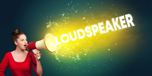 Young Woman Yelling Loudspeaker Loudspeaker Inscription Modern Media Concept — Stock Photo, Image