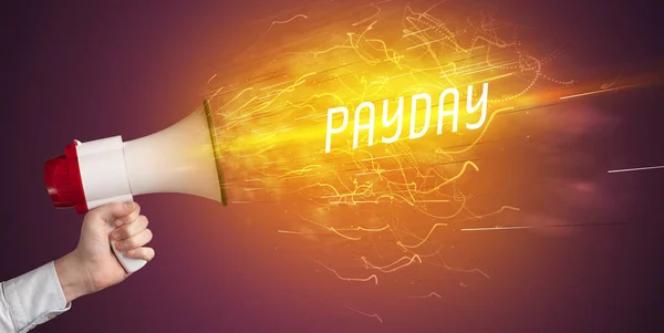 Joven Niña Gritando Megáfono Con Inscripción Payday Concepto Compras Línea —  Fotos de Stock