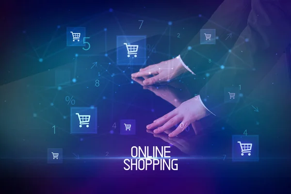 Cumpărături Online Conceptul Inscripție Online Shopping Pictograme Din Coșul Cumpărături — Fotografie, imagine de stoc