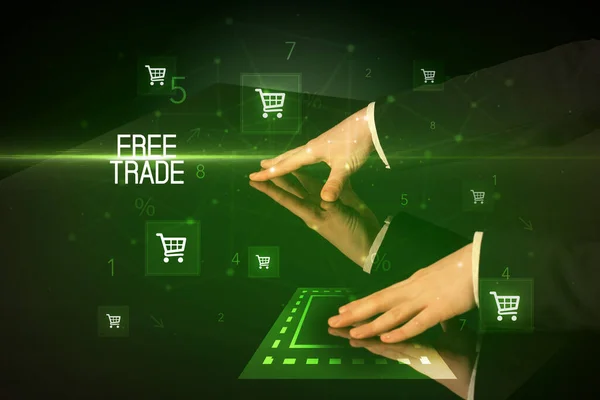 Belanja Online Dengan Konsep Prasasti Free Trade Dengan Ikon Keranjang — Stok Foto