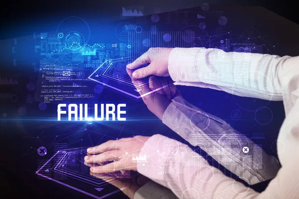 Hand Touching Digital Table Failure Inscription New Age Security Concept — Stock Photo, Image
