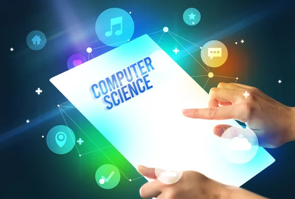 Hålla Futuristisk Tablett Med Computer Science Inskription Teknik Koncept — Stockfoto