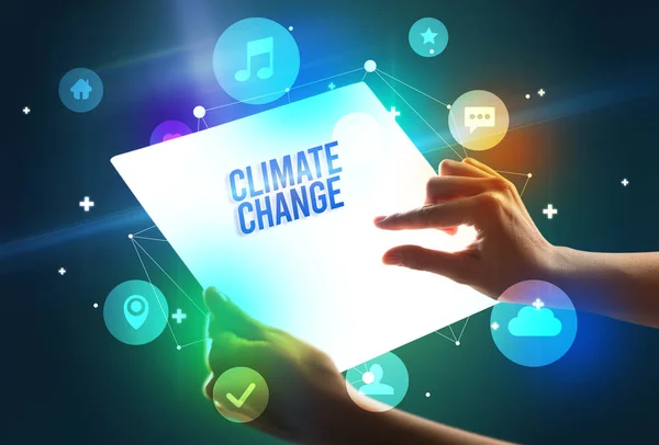 Tableta Futurista Con Inscripción Climate Change Concepto Nueva Tecnología —  Fotos de Stock