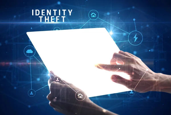 Tenir Tablette Futuriste Avec Identité Theft Inscription Concept Cybersécurité — Photo