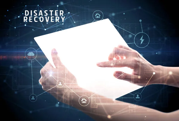 Futuristisches Tablet Mit Aufschrift Disaster Recovery Cyber Sicherheitskonzept — Stockfoto