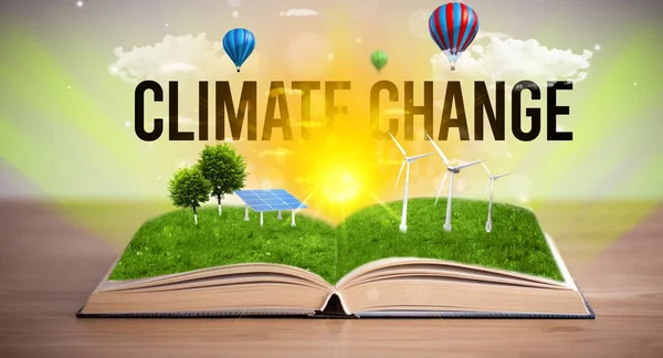 Öppen Bok Med Klimatförändring Inskription Förnybar Energi Koncept — Stockfoto