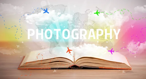 Відкрита Книга Написом Photography Концепція Відпустки — стокове фото