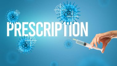 Doktorların yakın plan görüntüsü beyaz bir eldiven içinde, üzerinde prescRIPTION yazıları, koronavirüs panzehiri konsepti olan bir şırınga taşıyor.