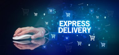 Express DELIVERY yazıtlı, çevrimiçi alışveriş konseptiyle el ele tutuşmak