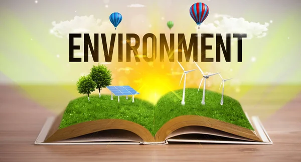 Livro Aberto Com Inscrição Ambiente Conceito Energia Renovável — Fotografia de Stock