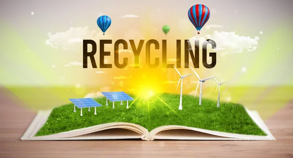 Recyclingの碑文とオープンブック 再生可能エネルギーの概念 — ストック写真