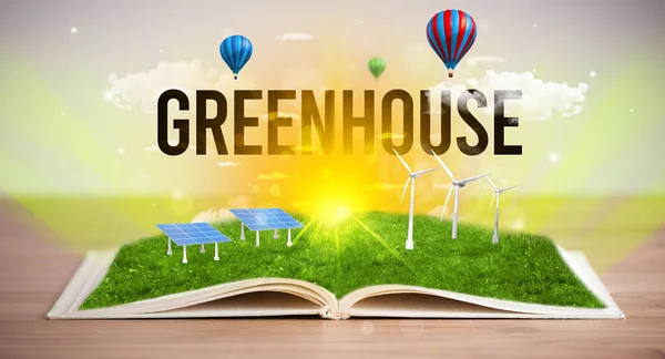 Open Book Greenhouse Inscription Renewable Energy Concept — Stock Photo, Image