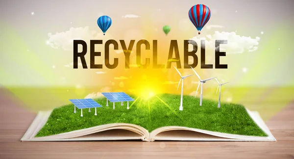 Ανοικτό Βιβλίο Επιγραφή Ανακυκλωση Έννοια Των Ανανεώσιμων Πηγών Ενέργειας — Φωτογραφία Αρχείου