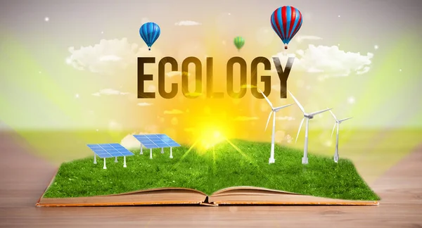 Offenes Buch Mit Ecology Aufschrift Konzept Für Erneuerbare Energien — Stockfoto