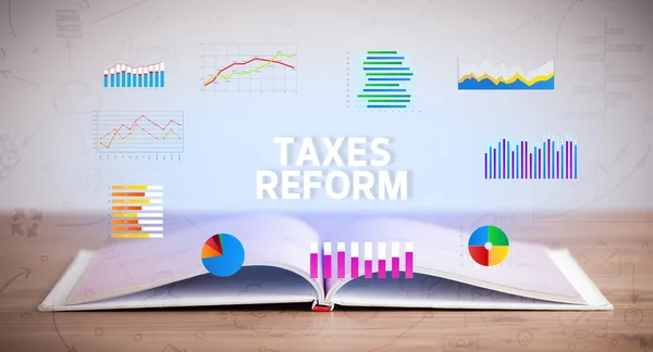Livro Aberto Com Inscrição Taxes Reform Novo Conceito Negócio — Fotografia de Stock