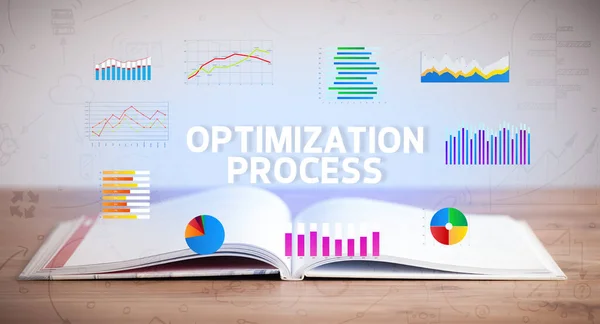 Otwarta Książka Napisem Optimizacja Process Nowa Koncepcja Biznesowa — Zdjęcie stockowe