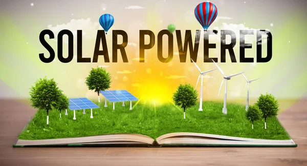 Open Book Solar Powered Inscription Renewable Energy Concept — Stock Photo, Image