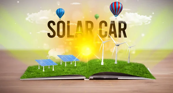 Άνοιγμα Βιβλίου Επιγραφή Solar Car Έννοια Των Ανανεώσιμων Πηγών Ενέργειας — Φωτογραφία Αρχείου