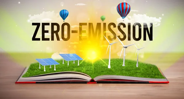 Ανοικτό Βιβλίο Επιγραφή Zero Εκπομπη Έννοια Των Ανανεώσιμων Πηγών Ενέργειας — Φωτογραφία Αρχείου