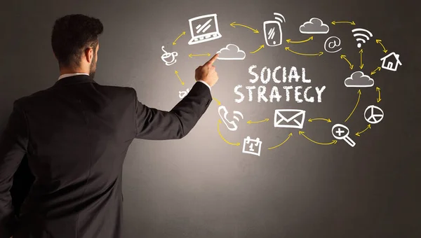 Businessman Drawing Social Media Icons Social Strategy Inscription New Media — Stock Photo, Image