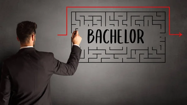 Empresário Desenho Labirinto Com Inscrição Bachelor Conceito Educação Empresarial — Fotografia de Stock