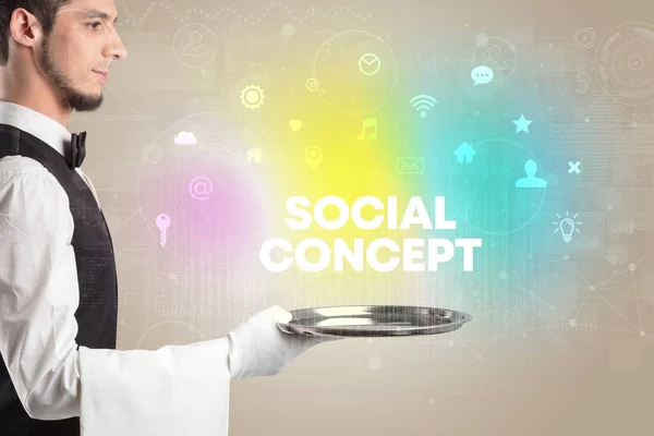 Camarero Sirviendo Redes Sociales Con Inscripción Concepto Social Nuevo Concepto — Foto de Stock