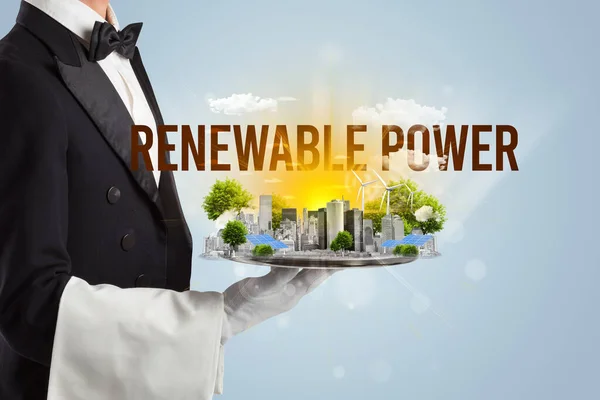 Garçom Servindo Eco Cidade Com Inscrição Poder Renovável Conceito Energia — Fotografia de Stock