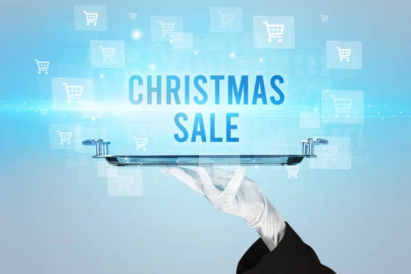 Σερβιτόρος Που Σερβίρει Χριστουγεννιάτικη Επιγραφή Πώλησης Online Έννοια Ψώνια — Φωτογραφία Αρχείου