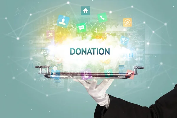 Servitören Serverar Sociala Nätverk Koncept Med Donation Inskription — Stockfoto