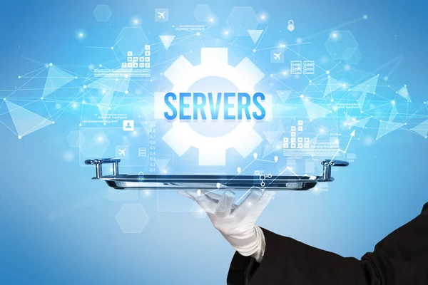 服务员服务新技术概念与Servers题词 — 图库照片