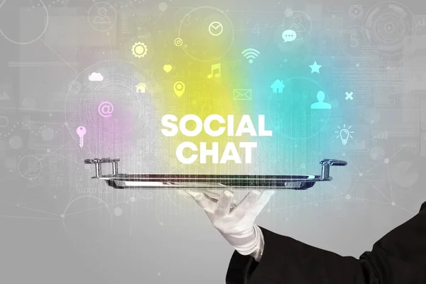 Cameriere Servizio Del Social Networking Con Iscrizione Social Chat Concetto — Foto Stock