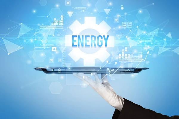 Camarero Sirviendo Concepto Nueva Tecnología Con Inscripción Energy — Foto de Stock