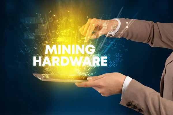 Mining Hardwareの碑文 革新的な技術コンセプトでタッチスクリーンのクローズアップ — ストック写真