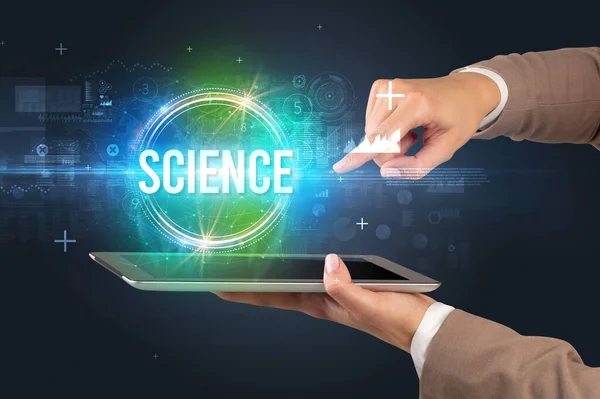 Close Touchscreen Science Inscription New Technology Concept — Stock Photo, Image