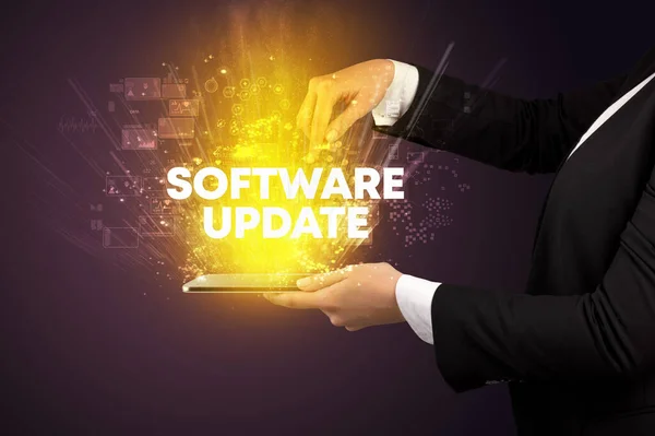 Närbild Pekskärm Med Software Update Inskription Innovativt Teknikkoncept — Stockfoto