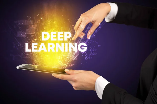 Detailní Záběr Dotykového Displeje Nápisem Deep Learning Inovativní Koncept Technologie — Stock fotografie