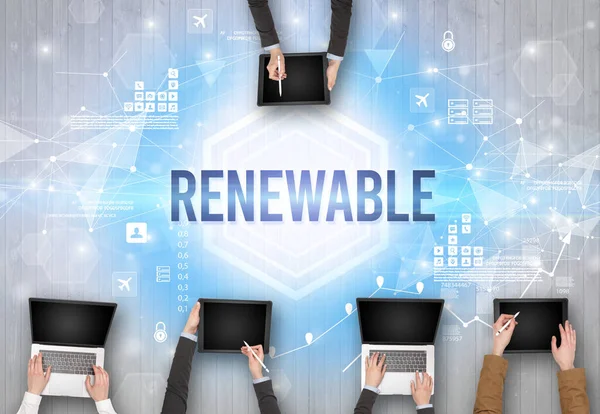 Group Busy People Working Office Renewable Inscription Modern Technology Concept — Stock Photo, Image