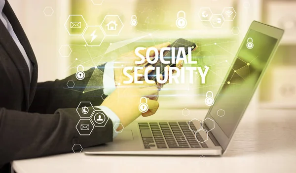Szociális Biztonsági Felirat Laptopon Internet Biztonságára Adatvédelemre Vonatkozó Koncepció Blockchain — Stock Fotó