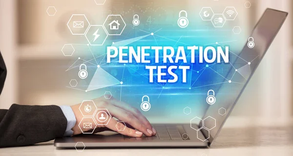 Penetration Test Inscription Laptop Internet Security Data Protection Concept Blockchain — Stock fotografie