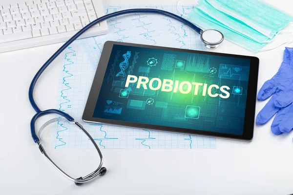Tablet Und Medizinisches Zeug Mit Probiotics Aufschrift Präventionskonzept — Stockfoto