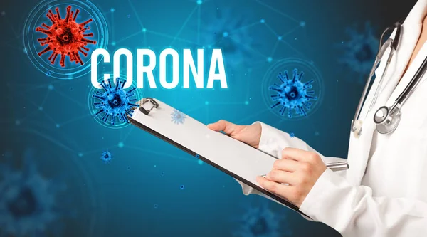 Arts Schrijft Een Recept Voor Met Corona Inscriptie Pandemisch Concept — Stockfoto