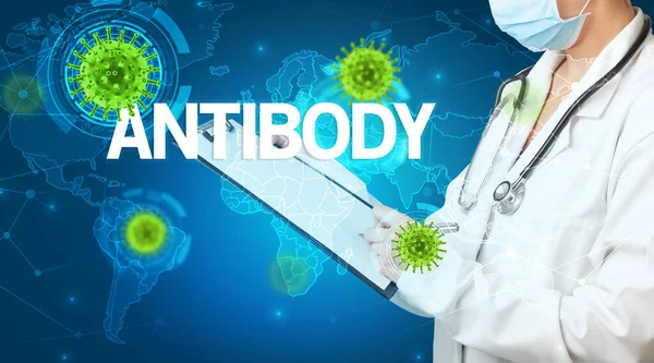 Doktor Antibody Yazıtları Viroloji Konseptiyle Tıbbi Kayıtları Dolduruyor — Stok fotoğraf