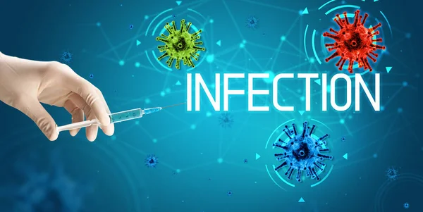 Шприц Медична Єкція Руці Написом Infection Концепція Вакцини Проти Коронавірусу — стокове фото