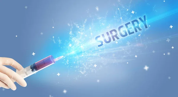 Spuit Medische Injectie Hand Met Surgery Inscriptie Medisch Tegengif Concept — Stockfoto