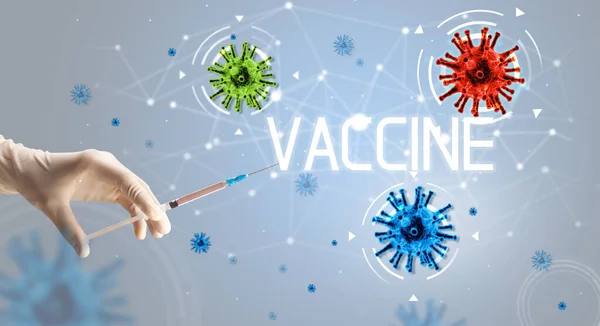 Spritze Medizinische Injektion Der Hand Mit Vaccine Aufschrift Coronavirus Impfkonzept — Stockfoto