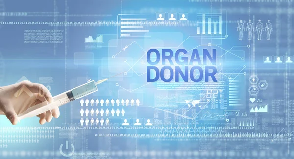 Close View Doctors Hand White Glove Holding Syringe Organ Donor — Stock Photo, Image