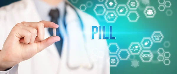 Primer Plano Médico Que Una Píldora Con Inscripción Pill Concepto — Foto de Stock