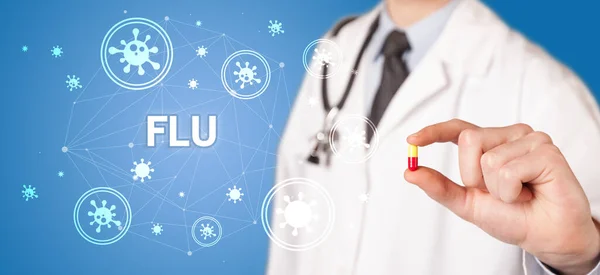 Médico Dando Píldora Con Inscripción Flu Concepto Coronavirus — Foto de Stock