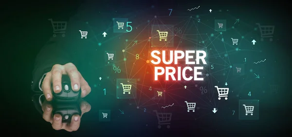 Handen Håller Trådlös Periferi Med Super Price Inskription Online Shopping — Stockfoto